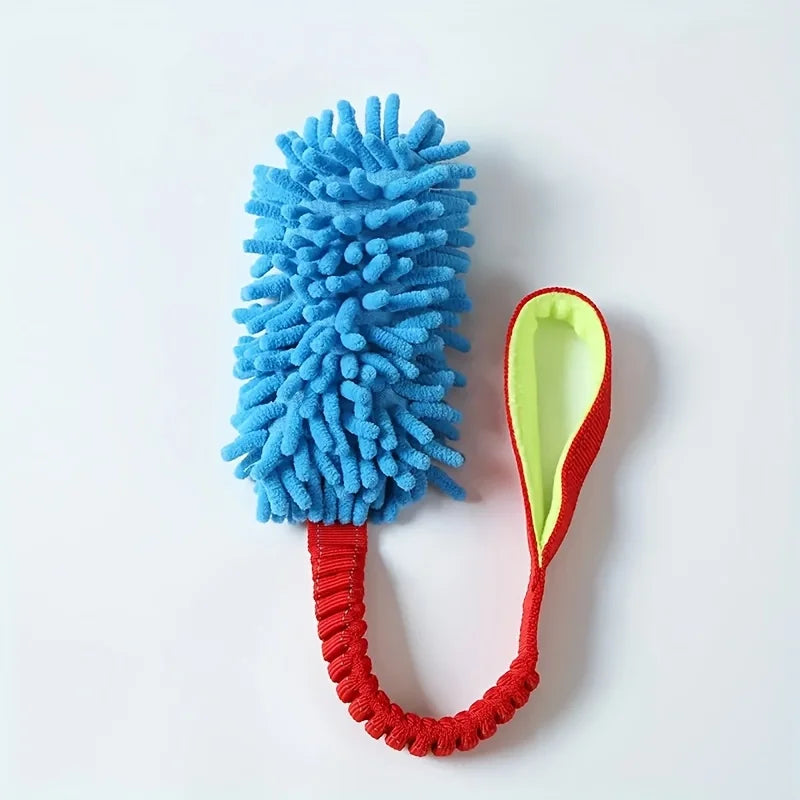 A bright blue plush toy with a red rope attached, designed as a pull toy for pets.