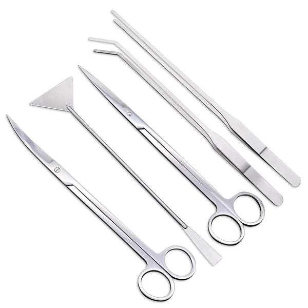 A set of stainless steel aquarium cleaning tools including a skimmer and forceps.