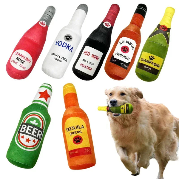 A collection of plush beer bottle dog toys featuring various alcoholic beverages like sparkling rose vodka red wine whiskey a