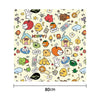 A pattern of cute, colorful, hand-drawn animal and food characters on a light yellow background.