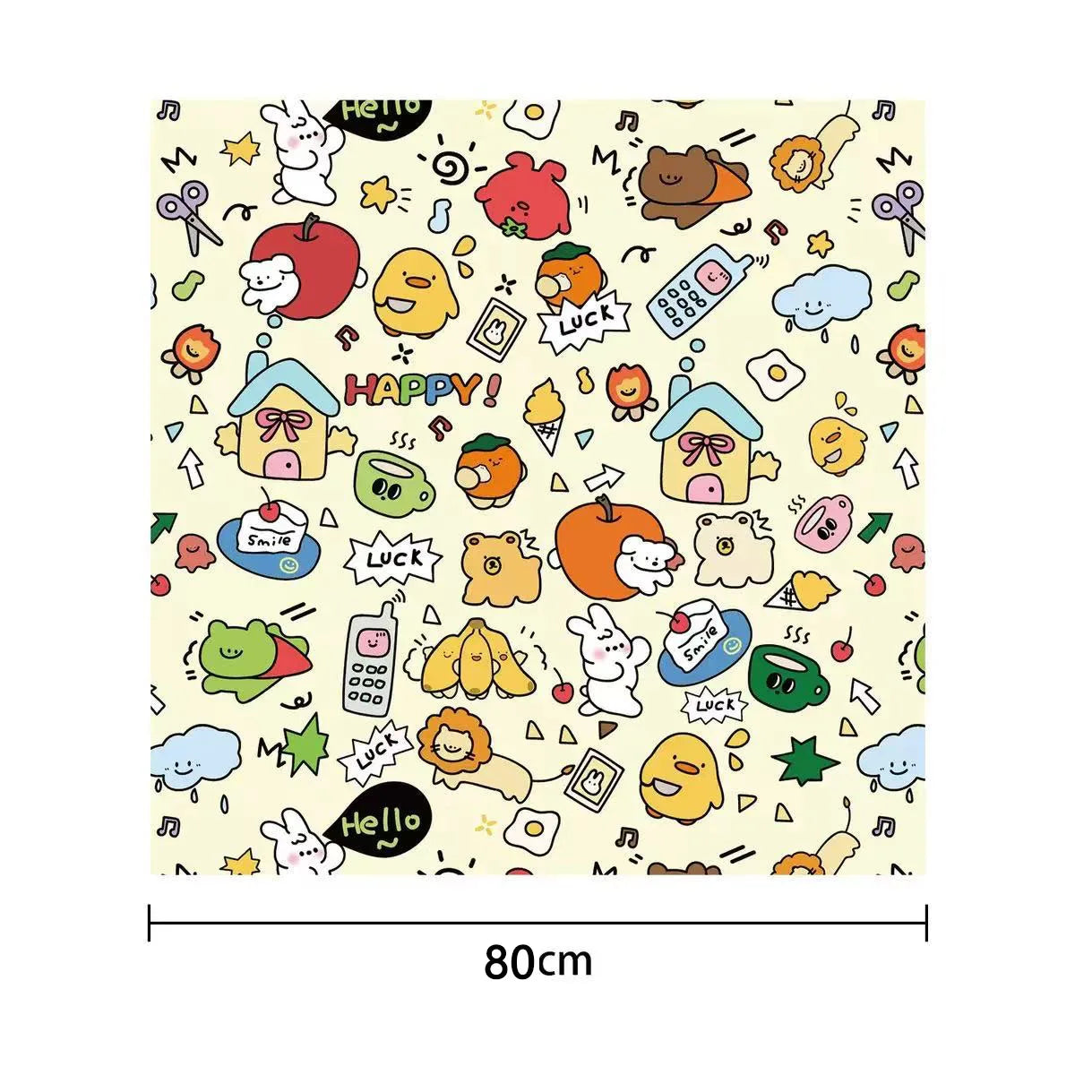A pattern of cute, colorful, hand-drawn animal and food characters on a light yellow background.