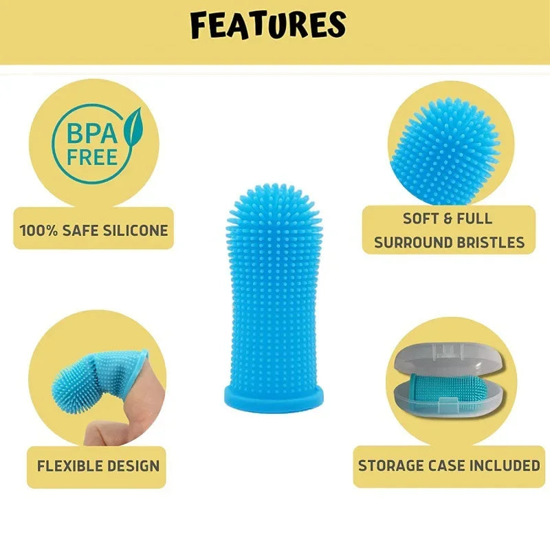 Blue silicone pet toothbrush featuring soft bristles, flexible design, and storage case.