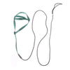 A green bird training harness and leash set with a thin black cord.