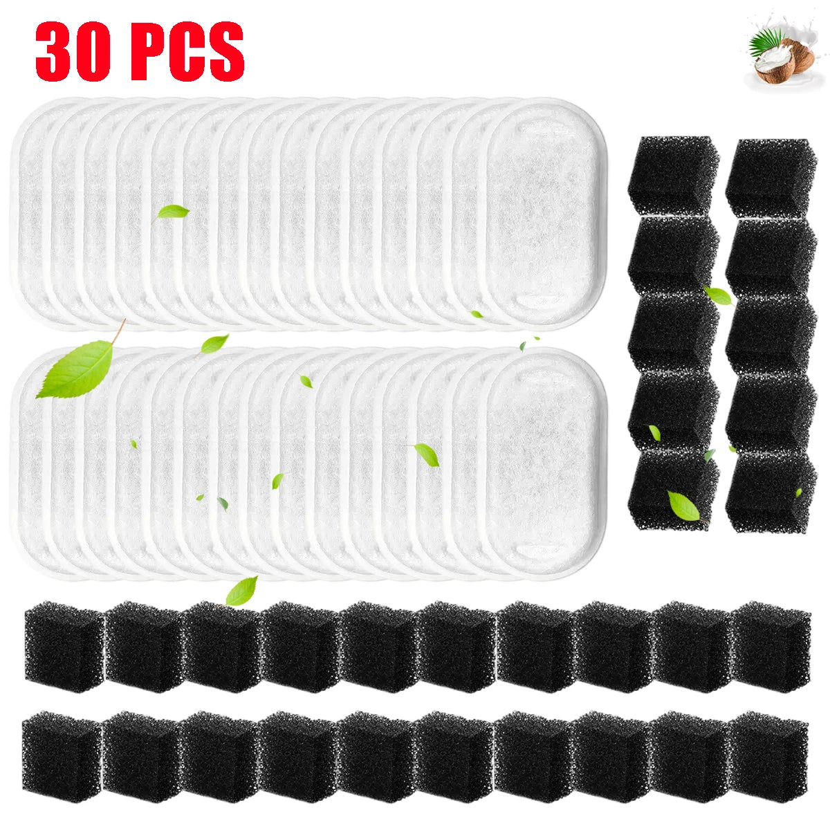 30 replacement filters for 2.2L pet water fountains shown in various forms and quantities
