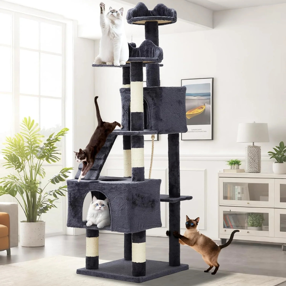 A dark gray multi-level cat tree with scratching posts and an anti-tip kit, featuring a white cat.
