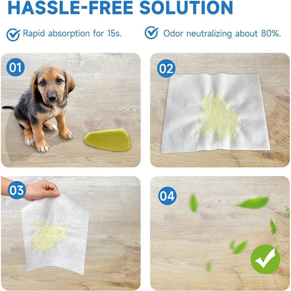 Quatre panneaux montrant un coussin d'urine pour animaux absorbant le liquide, neutralisant l'odeur et le dispersant dans l'a