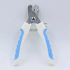 Stainless steel pet nail clippers with white handles and blue accents for dogs and cats