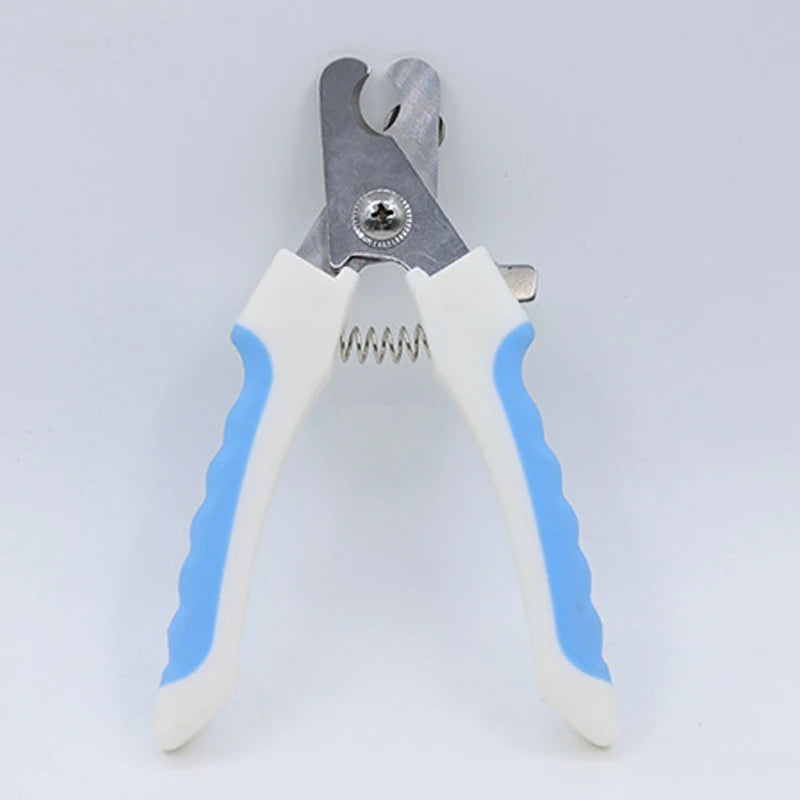 Stainless steel pet nail clippers with white handles and blue accents for dogs and cats