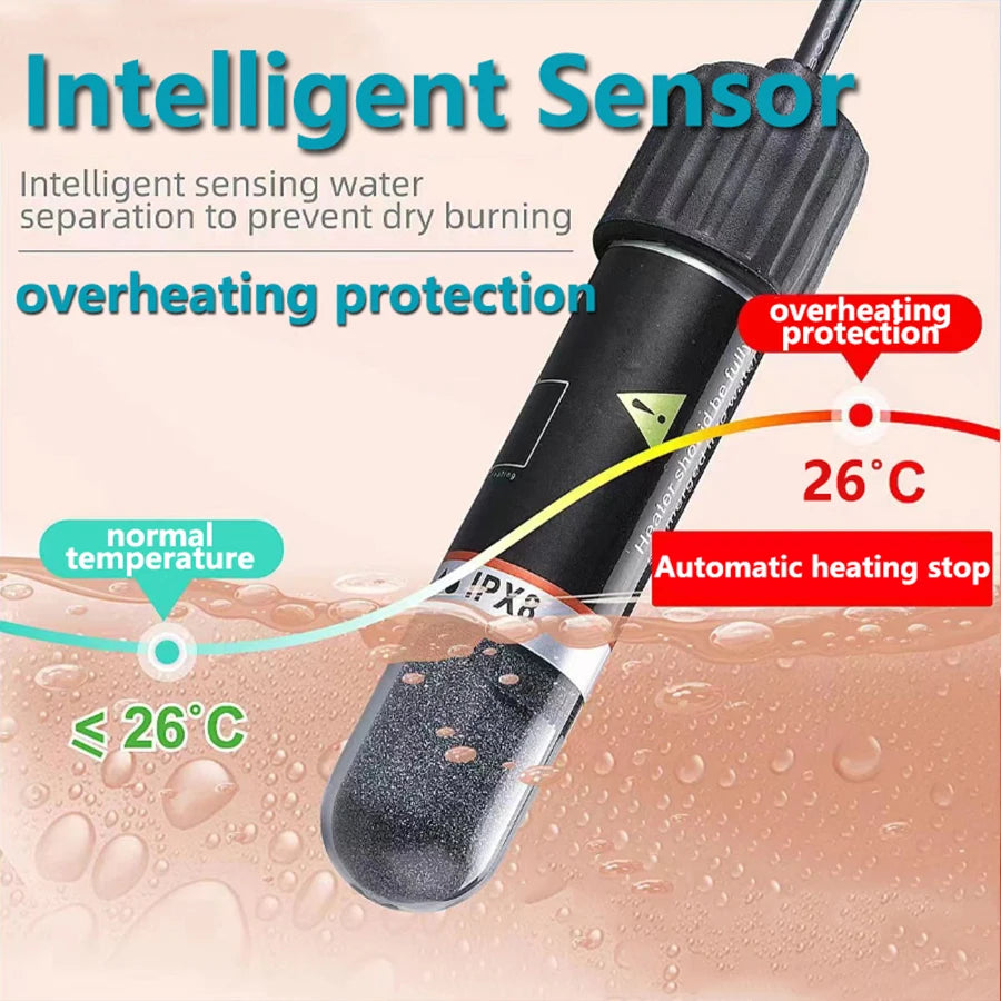 An intelligent sensor is shown protecting water from overheating in an aquarium, with a temperature reading of 26°C.