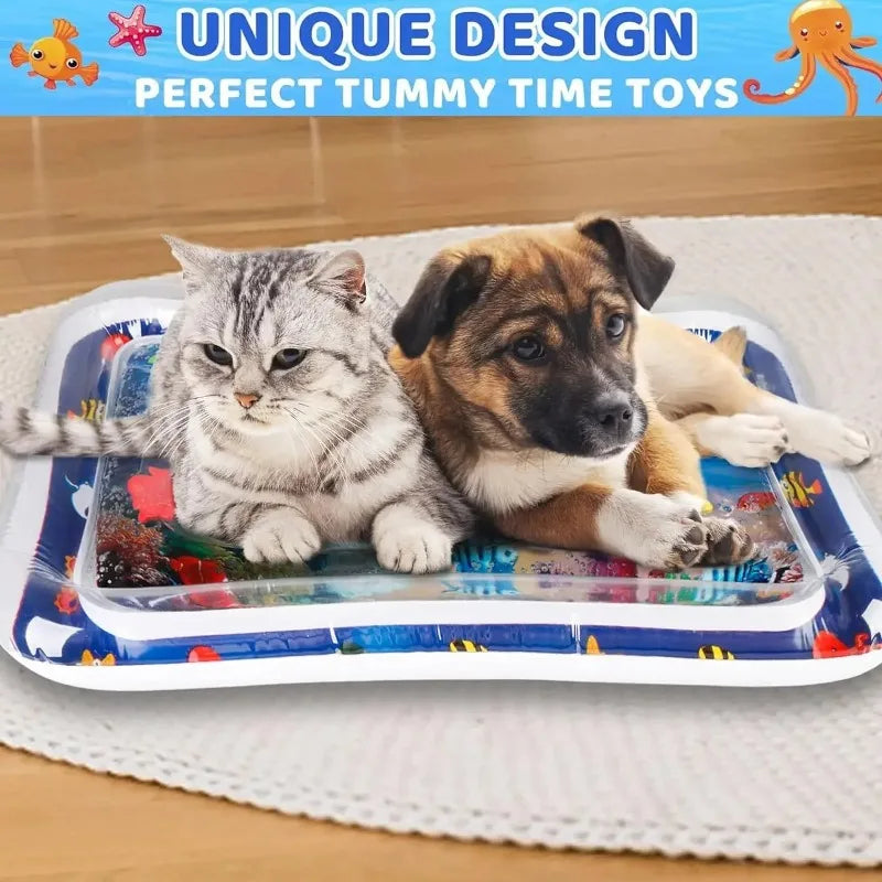 Two pets, a cat and a puppy, are resting on a blue and white sensory mat for tummy time toys.