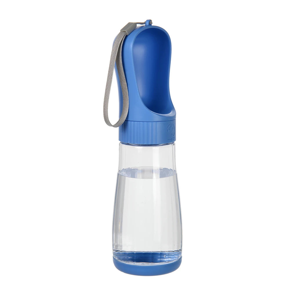 A blue and clear 2-in-1 portable dispenser for pet water and food with a gray strap.