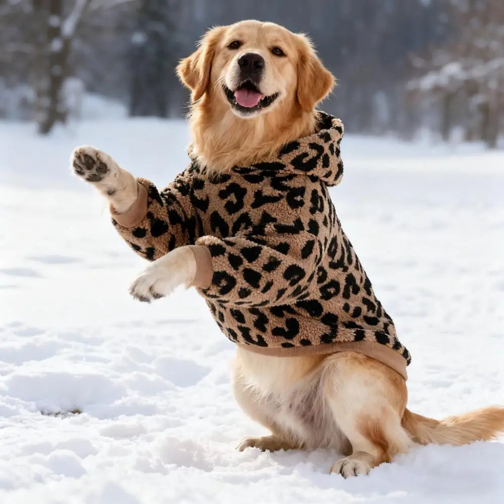 A golden retriever wearing a leopard print fleece hoodie is sitting in the snow.