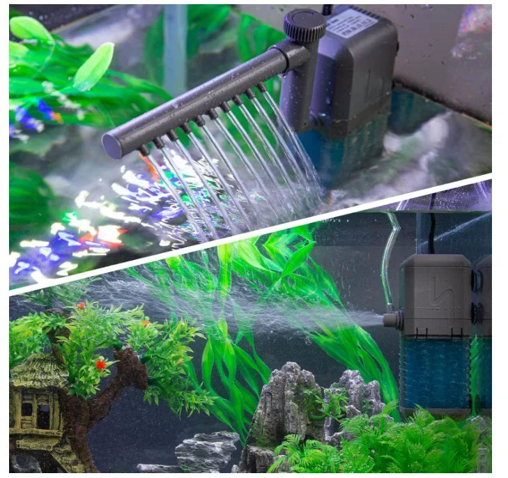 A quiet 3-in-1 aquarium filter pump is shown operating, creating a strong stream of water and oxygenation in a miniature land
