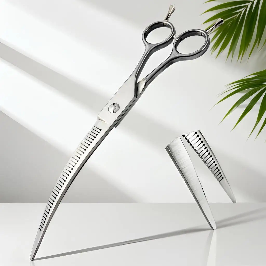 Silberne gebogene Haarschere mit gezahnten Klingen auf weißem Untergrund.