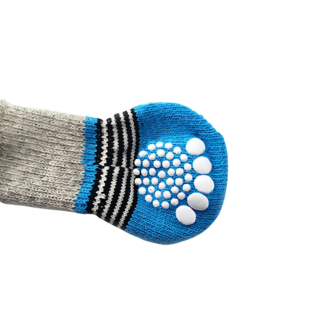 Blue anti-scratch cotton pet socks with black stripes and white dots