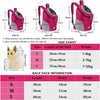 Pink portable pet carrier backpack shown in various sizes S M and L with dimensions and weight charts.