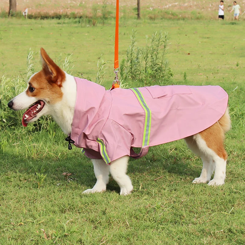 A light pink waterproof dog raincoat with yellow reflective stripes is worn by a Shiba Inu dog outdoors.