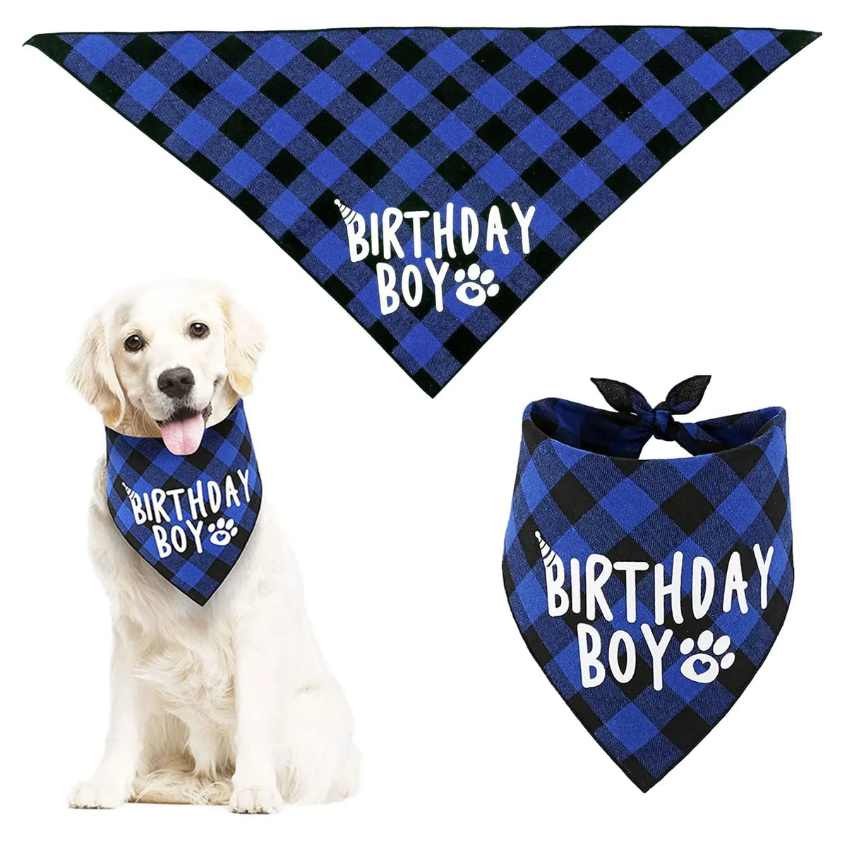 Écharpe de fête pour chien bleu et noir à motif de patte.}