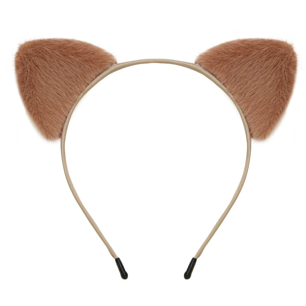 A headband featuring plush, brown cat ears for costumes and parties.