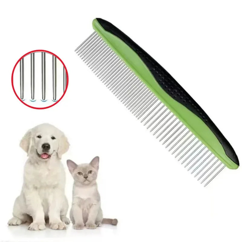 A green stainless steel pet grooming comb lying next to two pets.