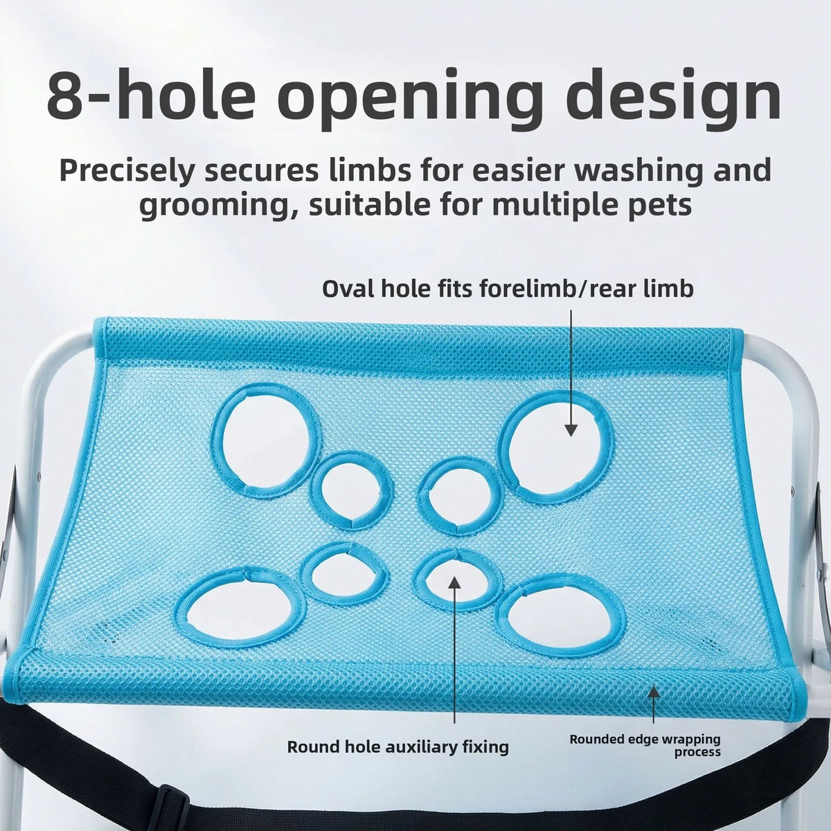 Light blue pet grooming hammock with an 8-hole opening design for securing limbs.