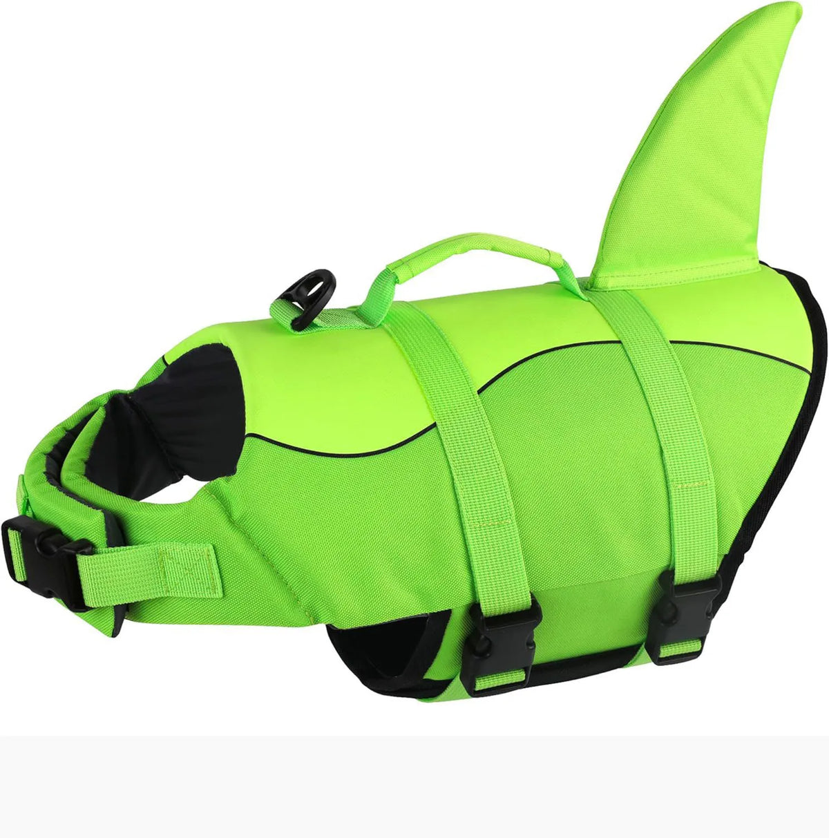 Neon green dog life jacket designed for swimming and buoyancy.