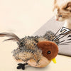 A fluffy, realistic bird toy resembling a cat is shown with its wings spread and yellow beak.