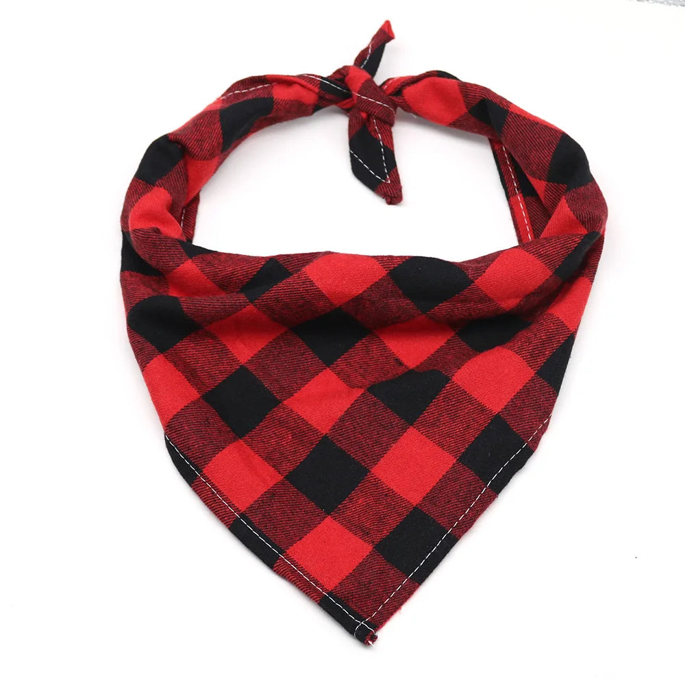 A red and black plaid cotton dog bandana tied around the neck.