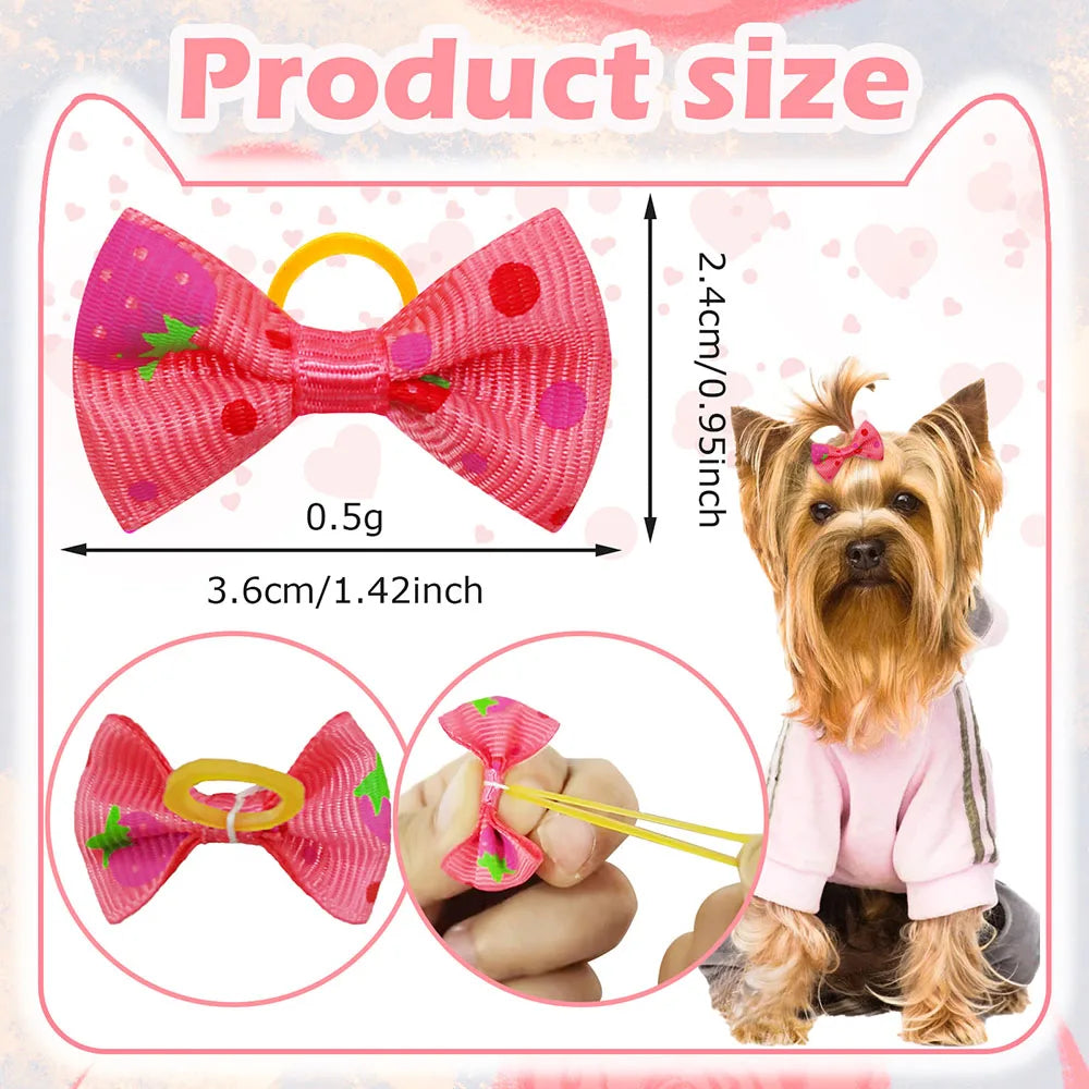 A pink, textured fabric bow is shown next to a dog's head, demonstrating the size of the handmade hair accessory.