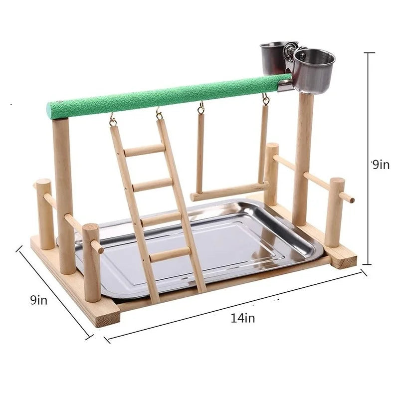 A wooden multi-level bird activity center featuring a tray, ladder, and hammock for birds.