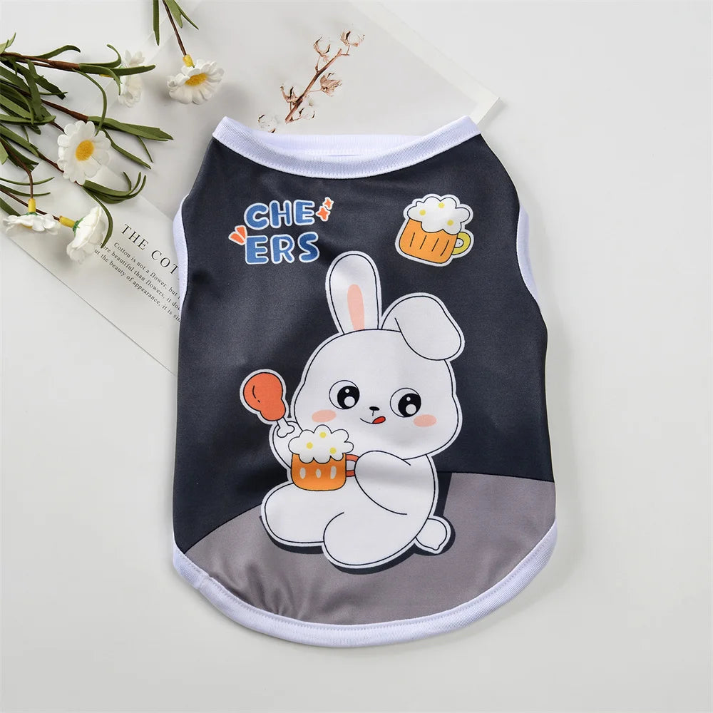 A black sleeveless vest featuring a cute white rabbit character holding a golden cup and a fluffy cloud.
