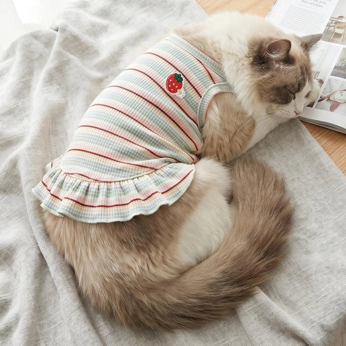 Un gato blanco y gris esponjoso vistiendo un vestido de fiesta peludo a rayas con diseño de fresa, descansando sobre tela gri