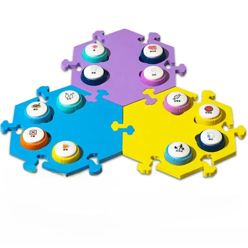 A puzzle of colorful interlocking buttons used for pet training communication.