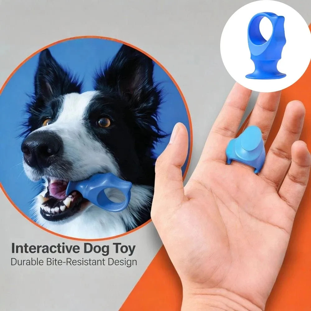A hand holds a blue silicone pet toothbrush designed for dogs and cats.