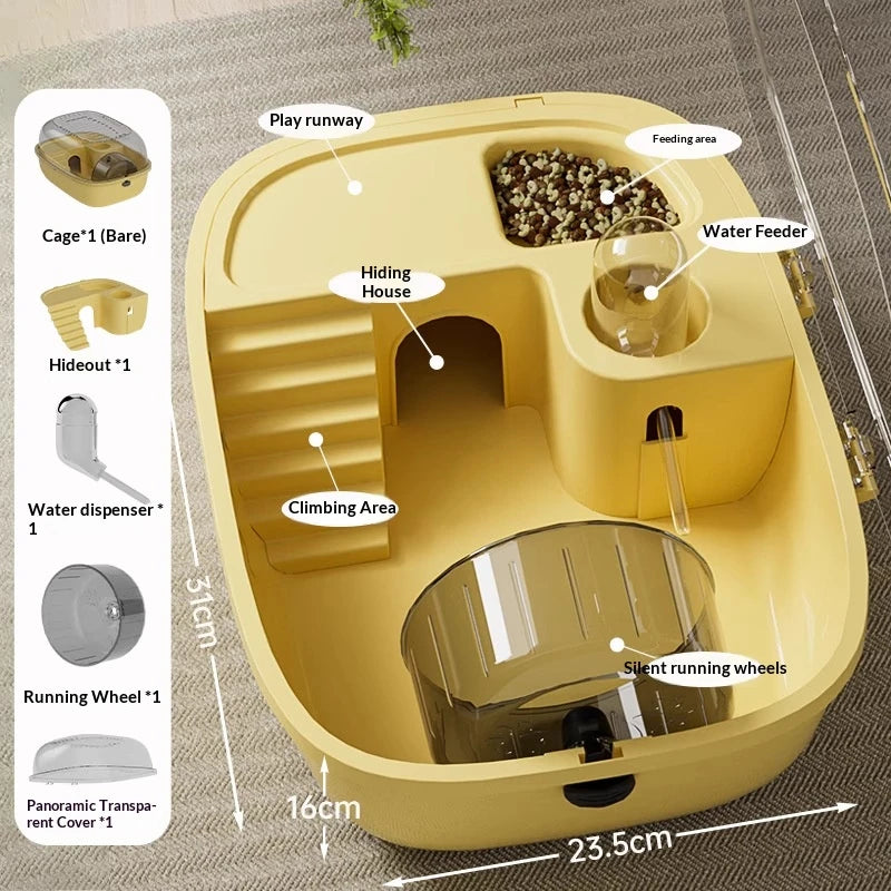 A yellow luxury hamster habitat cage showing various accessories like a play runway, hiding house, feeding area, water feeder