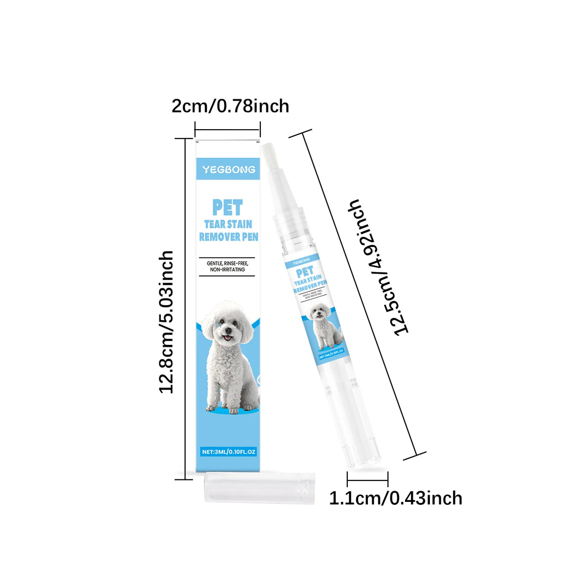 A white veterinary tear stain remover pen for dogs and cats shown next to a ruler.