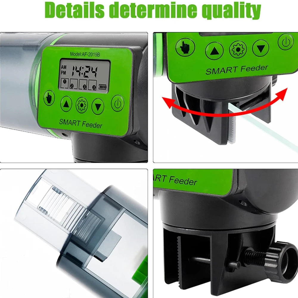 Détails d'un distributeur intelligent vert pour l'alimentation automatique de poissons