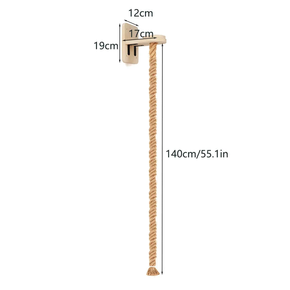 Wall-mounted cat climbing shelves featuring a hammock and scratching post, shown with dimensions.