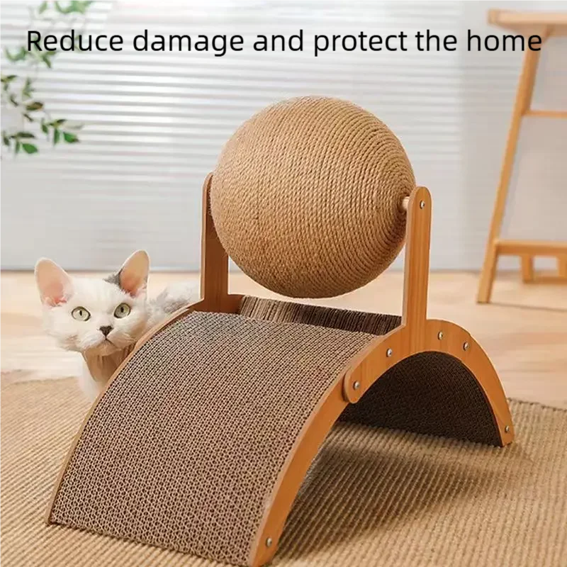 A wooden cat scratcher featuring a sisal ball for cats, placed on a rug.