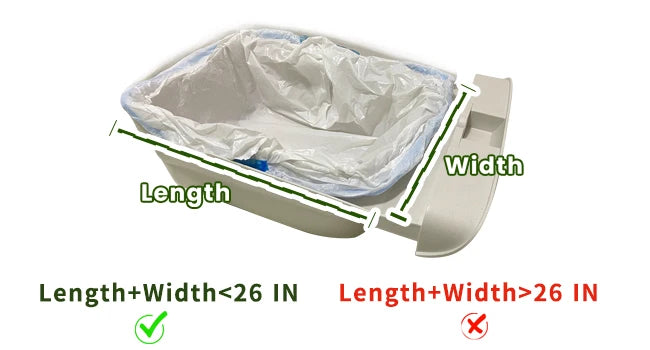 Diagram showing the dimensions for cat litter box liners, indicating that length plus width less than 26 inches is acceptable