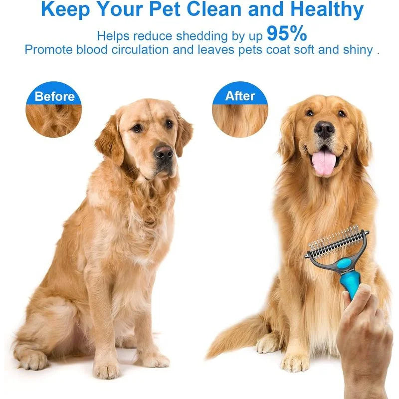 A golden retriever is shown before and after using a dual-sided stainless steel pet deshedding brush to reduce shedding.