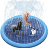 An inflatable splash pad mat is being used to spray water onto a dog and a child.