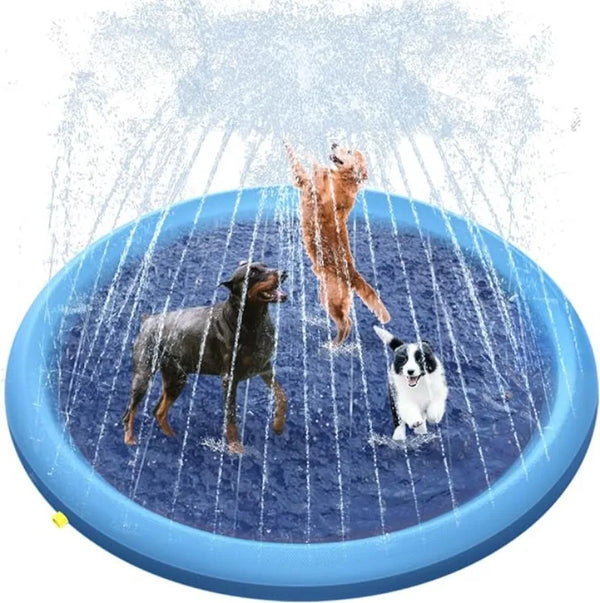 An inflatable splash pad mat is being used to spray water onto a dog and a child.