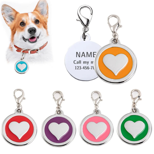A set of personalized metal dog ID tags featuring various colors and heart shapes for pets.