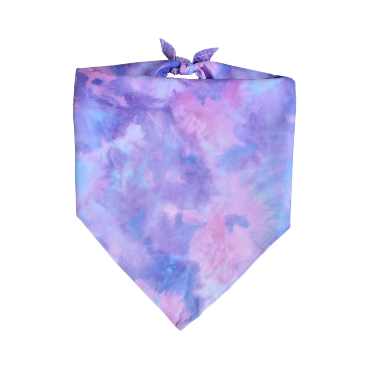 A purple and pink tie-dye fabric bandana or neck scarf with a tie at the top.