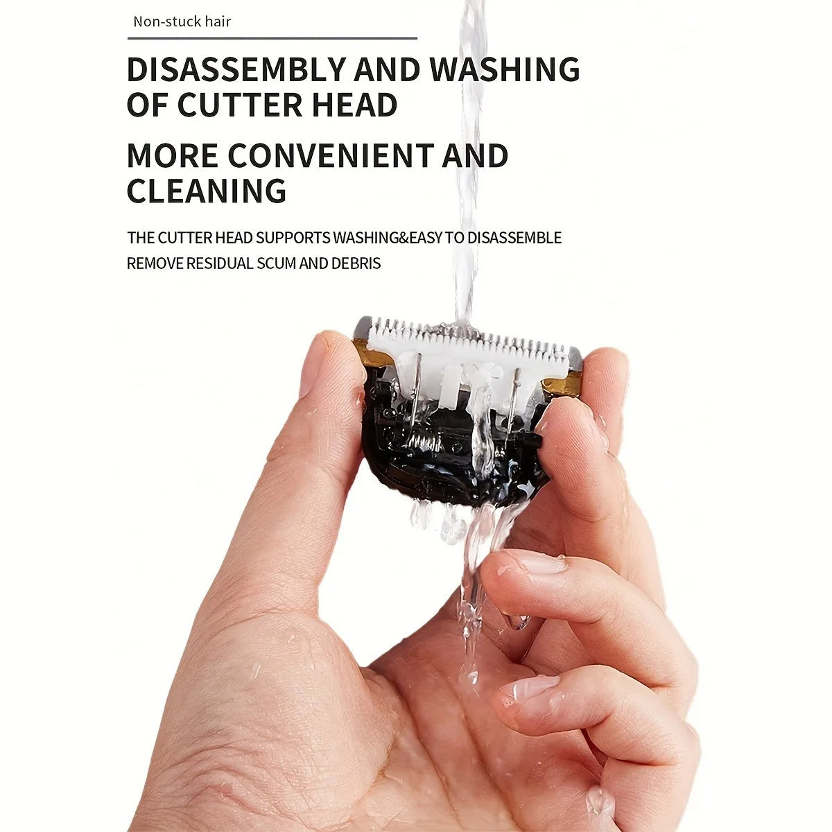 A hand is holding and washing a disassembled cutter head component of a pet grooming trimmer.