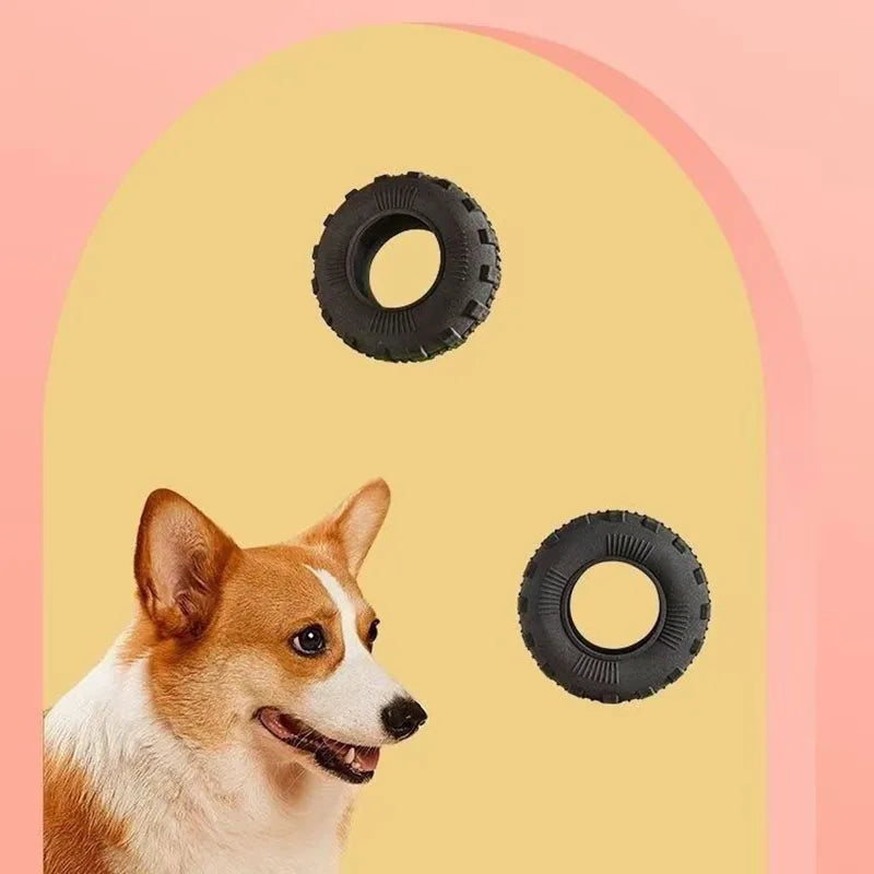 A small dog looking up at a black rubber chew toy against a light background.