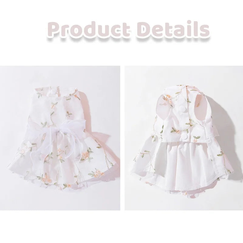 White summer dress for a dog featuring a bow and butterfly print skirt
