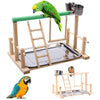 A multi-level bird activity center featuring a wooden perch, ladder, and tray for a parrot.