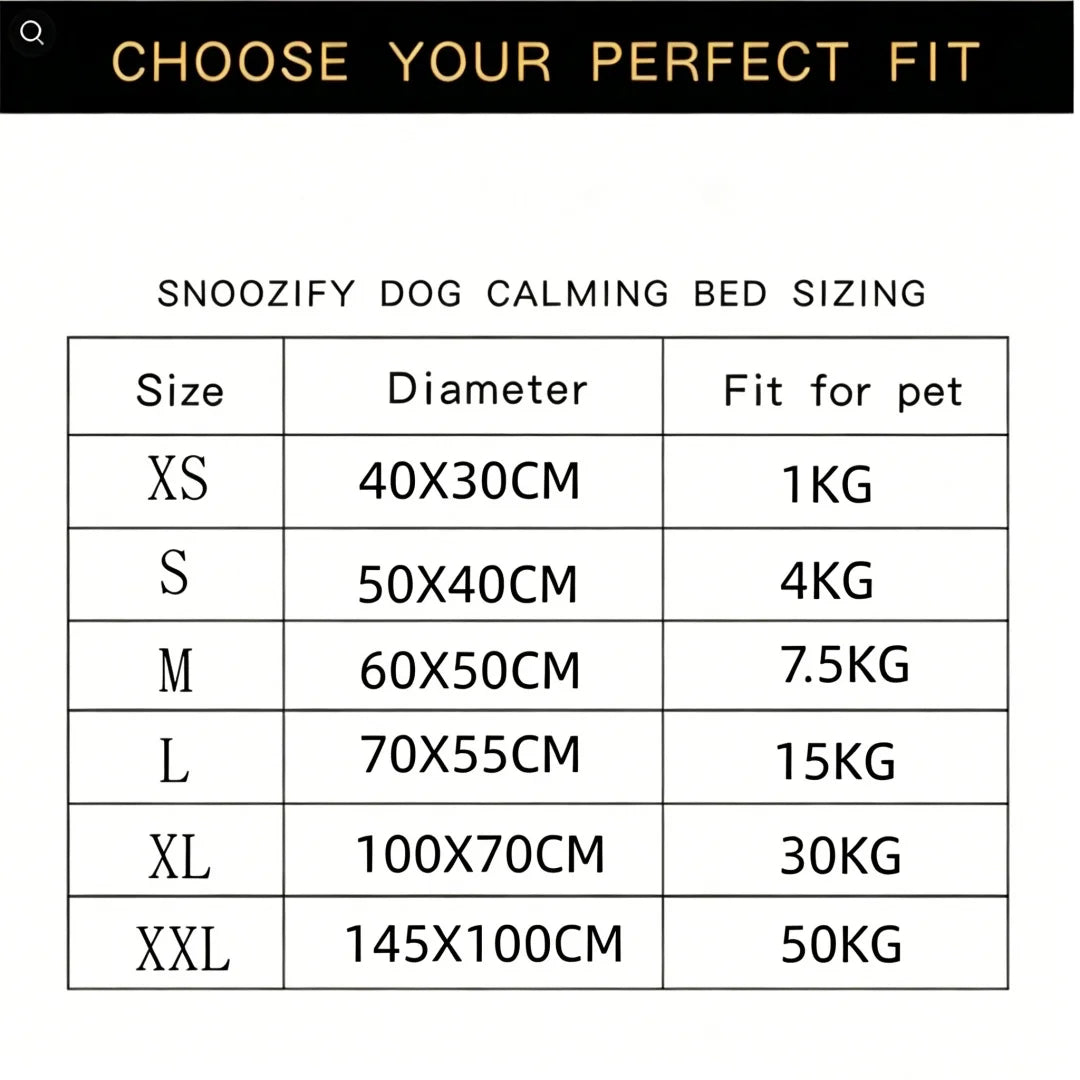 Tabla de tallas para la cama calmante Snoozify para perros, mostrando dimensiones y ajuste